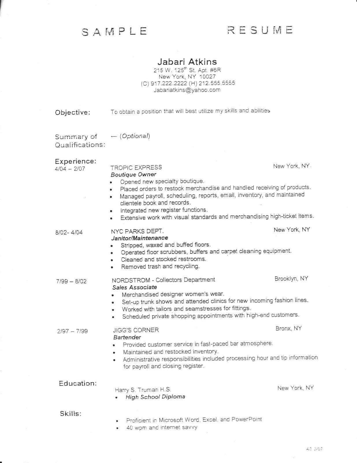 Basic outline for a resume